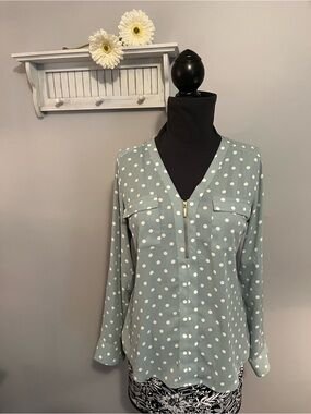 Express Chelsea Portofino Light Green Polka Dot Blouse EUC
